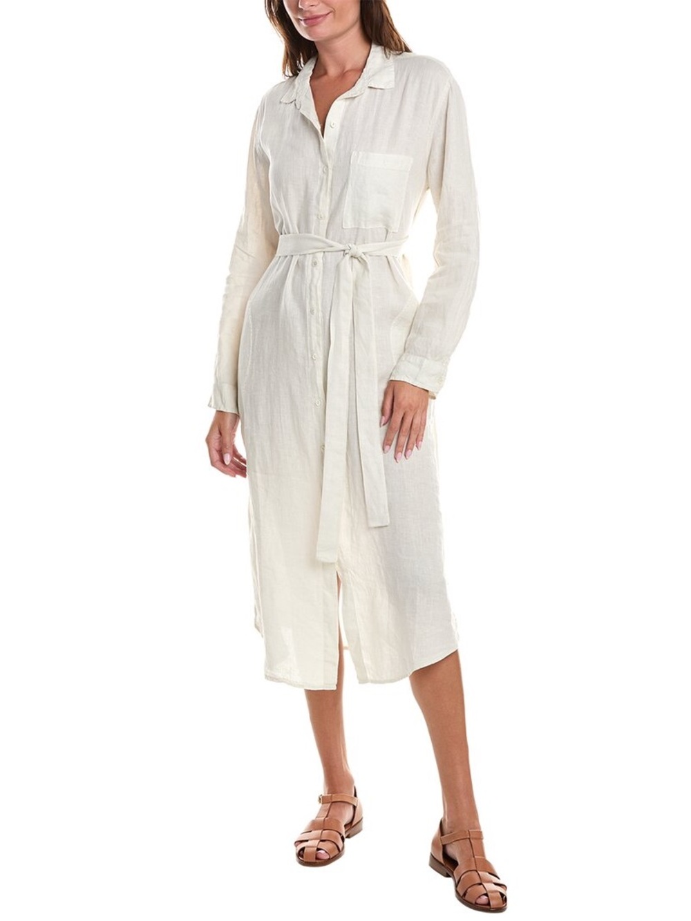 Velvet by Graham & Spencer Cream Button-Front Linen Dress with Waist Tie